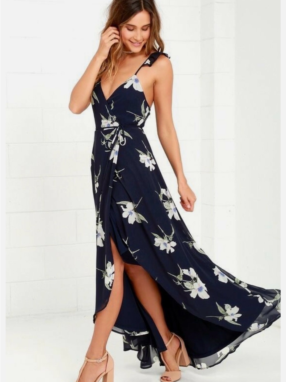 Lulu's Navy Floral Wrap High-Low Maxi Dress
